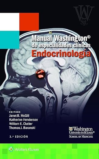 Manual Washington de Endocrinología 3era edición book cover with brain MRI