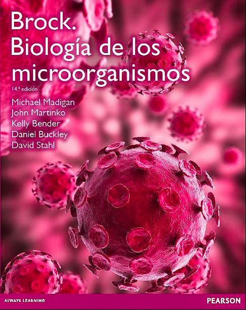 Brock. Biología de los Microorganismos 14 Ed. book cover featuring a close-up of microorganisms.