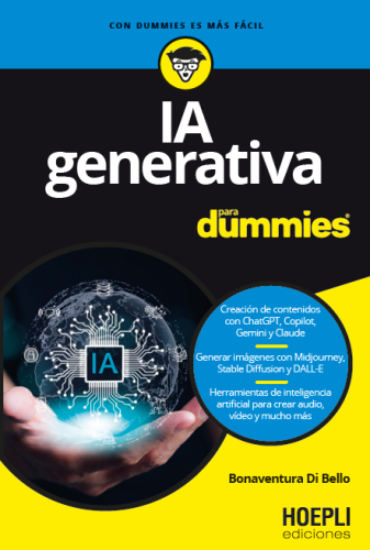 IA Generativa para Dummies" book cover. AI globe in hand. Generative AI for dummies.