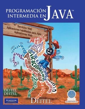 Book cover: Programación Intermedia en Java by Deitel. Features Java-related terms on a horse in a desert landscape.