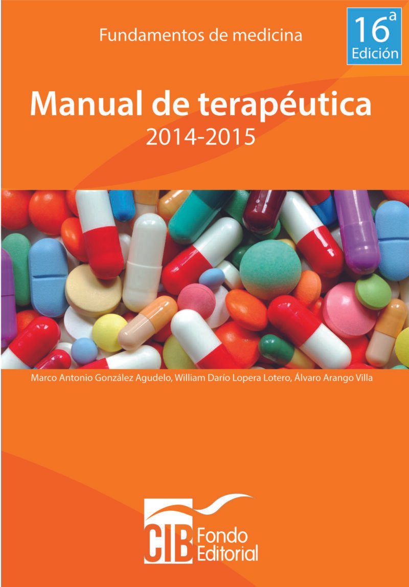 Manual de terapéutica 2014-2015 cover featuring a variety of colorful pills and capsules.