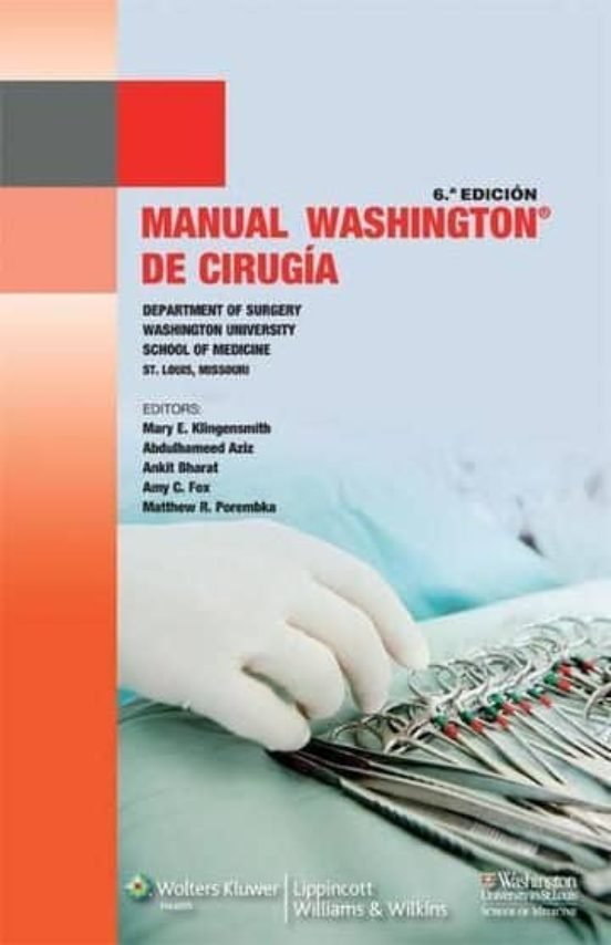 Manual Washington de Cirugía 6ta Ed book cover with surgical instruments